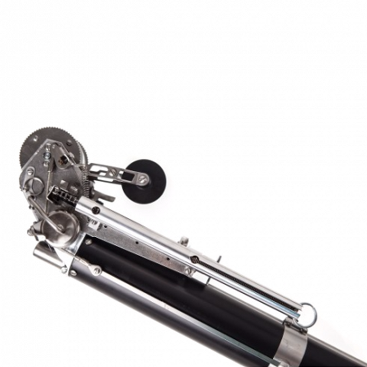 Close-up of Columbia Sawed Off Automatic Taper head with steel cutting blades and black creaser wheel