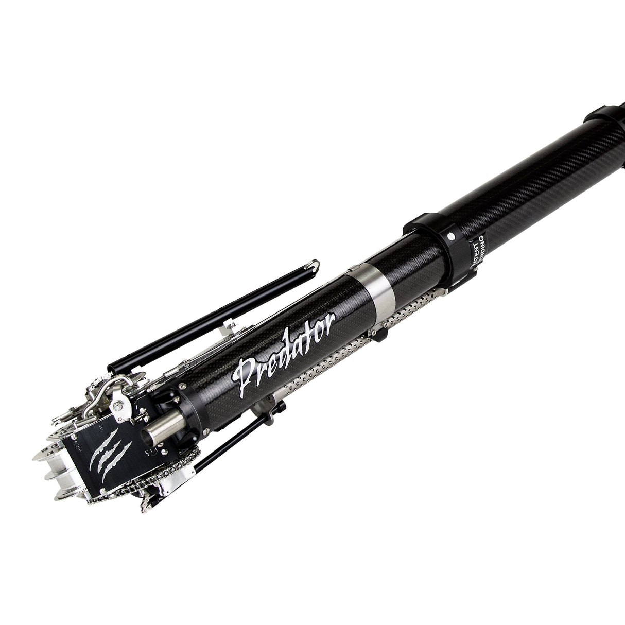 Close-up of Columbia Sawed Off Predator Automatic Taper with black carbon fiber body and steel components