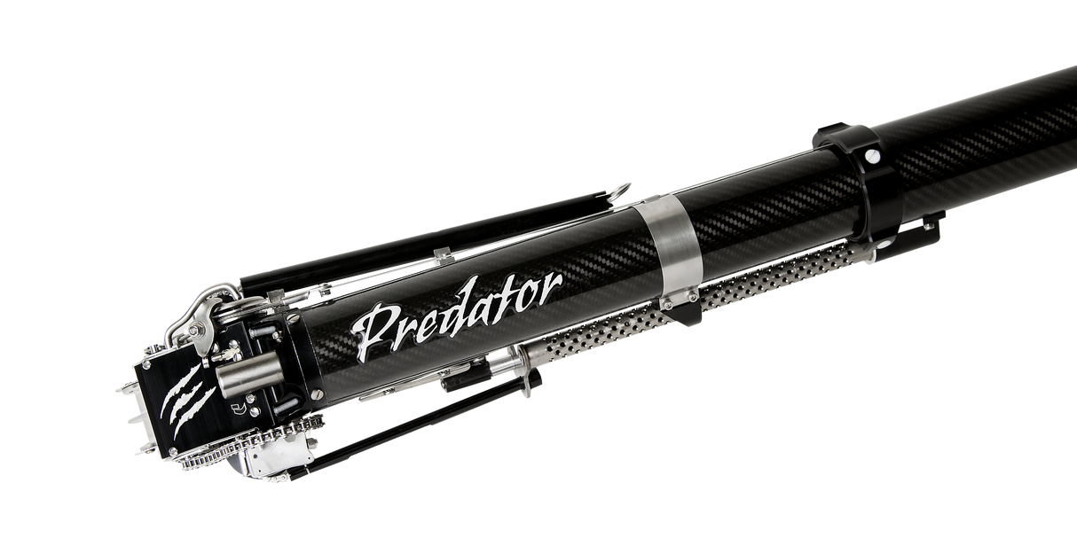 Close-up of Columbia Sawed Off Predator Automatic Taper with black carbon fiber body and steel components