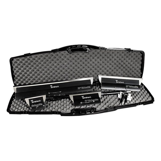 Open black foam-lined carrying case containing Columbia Tomahawk skimming blades, handle, and  Tomalock adaptor